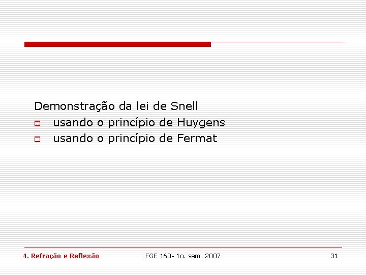 Demonstração da lei de Snell o usando o princípio de Huygens o usando o Demonstração da lei de Snell o usando o princípio de Huygens o usando o