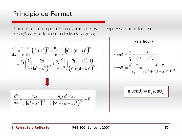 Princípio de Fermat Para obter o tempo mínimo vamos derivar a expressão anterior, em Princípio de Fermat Para obter o tempo mínimo vamos derivar a expressão anterior, em