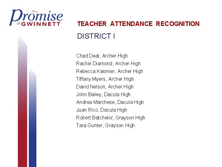 TEACHER ATTENDANCE RECOGNITION DISTRICT I Chad Deal, Archer High Rachel Diamond, Archer High Rebecca TEACHER ATTENDANCE RECOGNITION DISTRICT I Chad Deal, Archer High Rachel Diamond, Archer High Rebecca