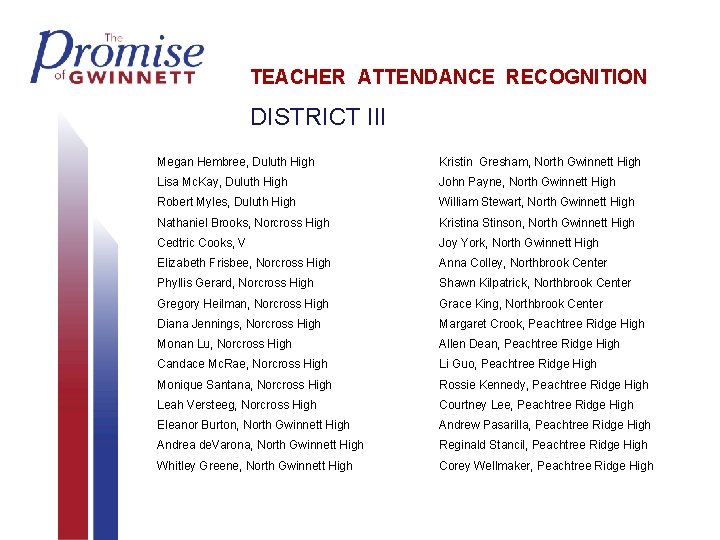 TEACHER ATTENDANCE RECOGNITION DISTRICT III Megan Hembree, Duluth High Kristin Gresham, North Gwinnett High TEACHER ATTENDANCE RECOGNITION DISTRICT III Megan Hembree, Duluth High Kristin Gresham, North Gwinnett High