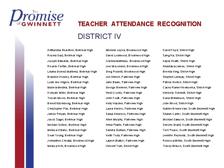 TEACHER ATTENDANCE RECOGNITION DISTRICT IV Anthandus Beauford, Berkmar High Michelle Leyva, Brookwood High David TEACHER ATTENDANCE RECOGNITION DISTRICT IV Anthandus Beauford, Berkmar High Michelle Leyva, Brookwood High David