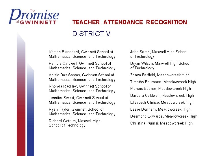 TEACHER ATTENDANCE RECOGNITION DISTRICT V Kristen Blanchard, Gwinnett School of Mathematics, Science, and Technology TEACHER ATTENDANCE RECOGNITION DISTRICT V Kristen Blanchard, Gwinnett School of Mathematics, Science, and Technology