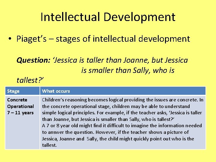 Intellectual Development • Piaget’s – stages of intellectual development Question: ‘Jessica is taller than