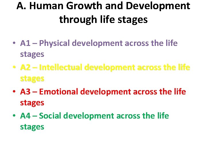 A. Human Growth and Development through life stages • A 1 – Physical development