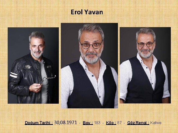 Erol Yavan Doğum Tarihi : 30, 08. 1971 - Boy : 183 - Kilo