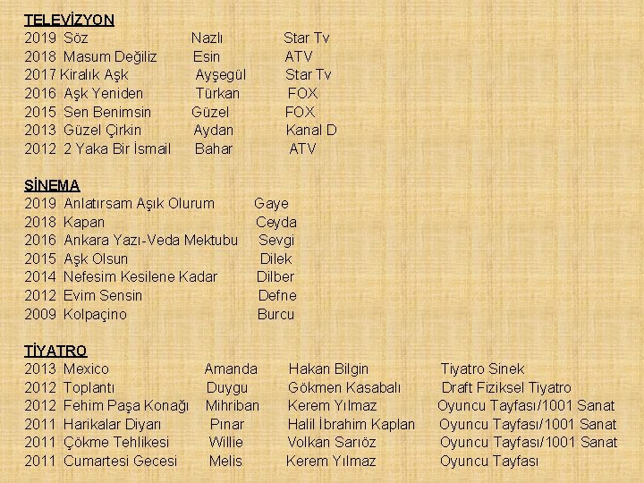 TELEVİZYON 2019 Söz Nazlı Star Tv 2018 Masum Değiliz Esin ATV 2017 Kiralık Aşk