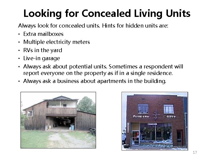 Looking for Concealed Living Units Always look for concealed units. Hints for hidden units Looking for Concealed Living Units Always look for concealed units. Hints for hidden units