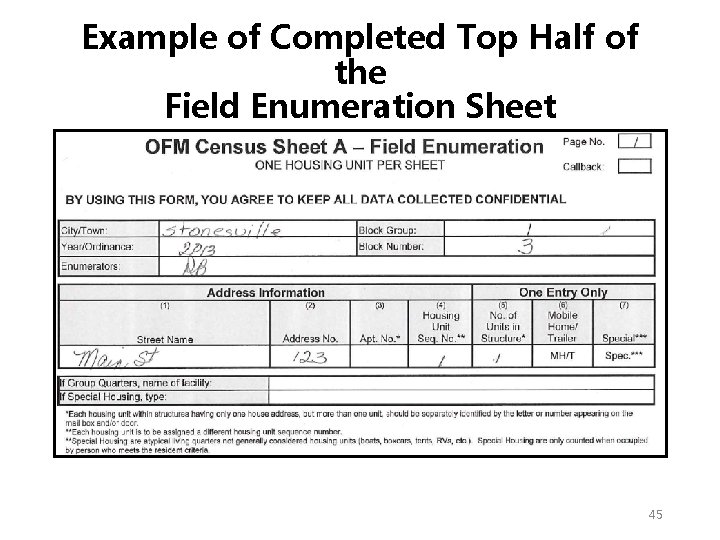 Example of Completed Top Half of the Field Enumeration Sheet 45 Example of Completed Top Half of the Field Enumeration Sheet 45