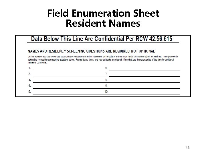 Field Enumeration Sheet Resident Names 46 Field Enumeration Sheet Resident Names 46