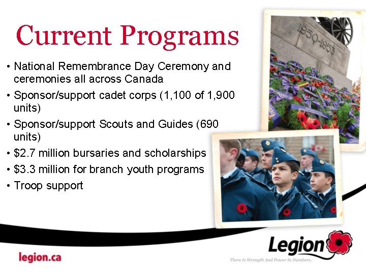 Current Programs • National Remembrance Day Ceremony and ceremonies all across Canada • Sponsor/support