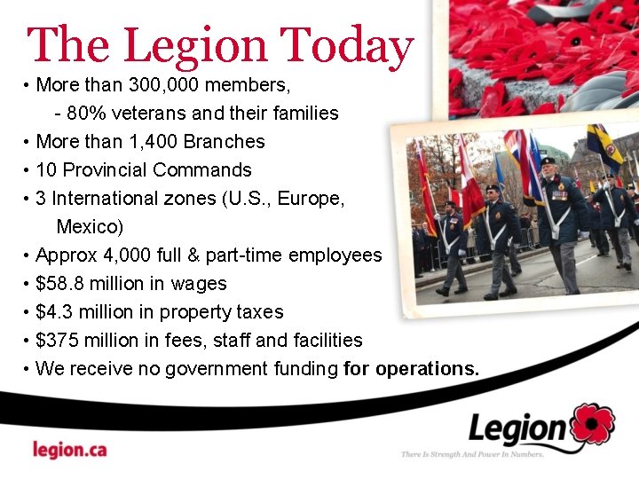 The Legion Today • More than 300, 000 members, - 80% veterans and their