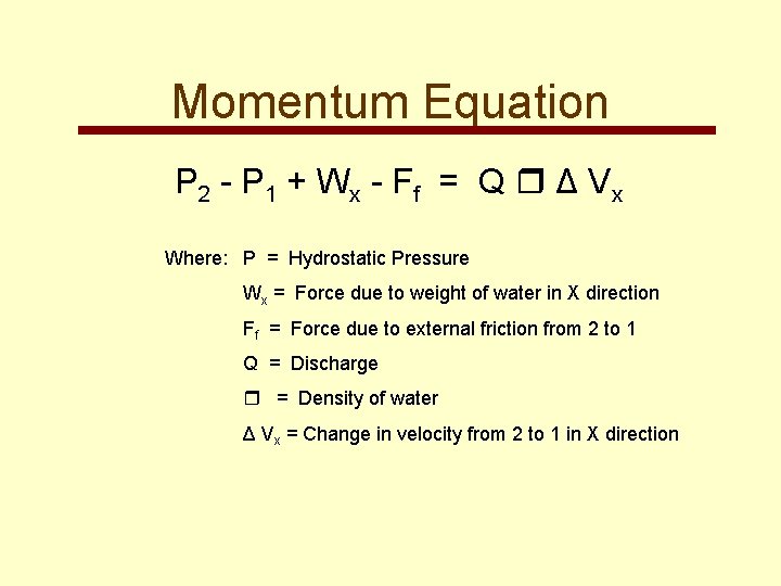 Momentum Equation P 2 - P 1 + W x - F f =