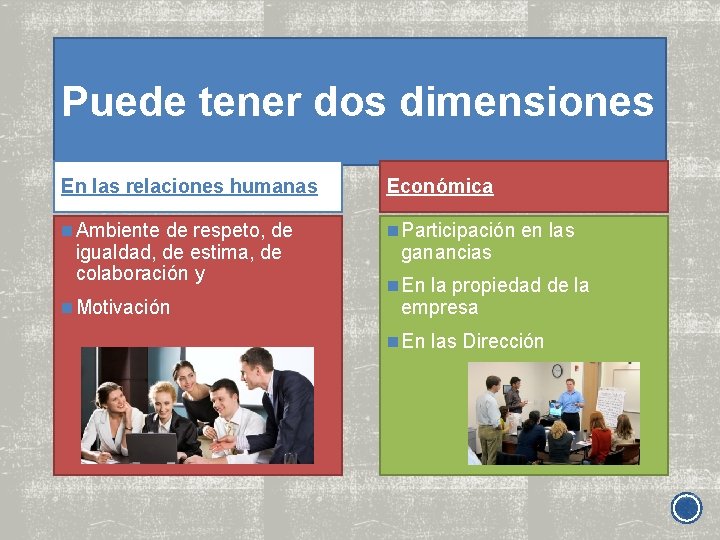 Puede tener dos dimensiones En las relaciones humanas Económica n Ambiente de respeto, de