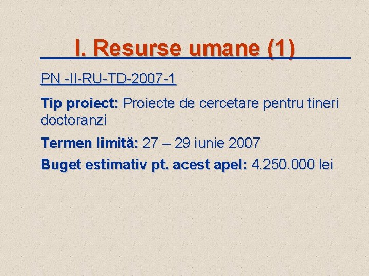 I. Resurse umane (1) PN -II-RU-TD-2007 -1 Tip proiect: Proiecte de cercetare pentru tineri