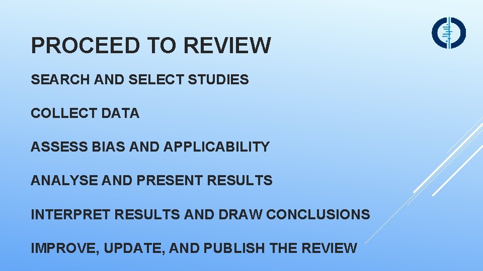 PROCEED TO REVIEW SEARCH AND SELECT STUDIES COLLECT DATA ASSESS BIAS AND APPLICABILITY ANALYSE