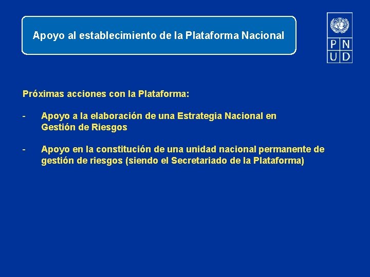 Apoyo al establecimiento de la Plataforma Nacional Próximas acciones con la Plataforma: - Apoyo