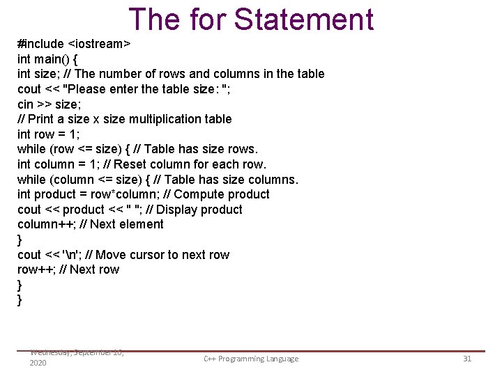 The for Statement #include <iostream> int main() { int size; // The number of