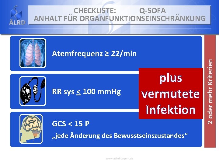 CHECKLISTE: Q-SOFA ANHALT FÜR ORGANFUNKTIONSEINSCHRÄNKUNG RR sys < 100 mm. Hg plus vermutete Infektion