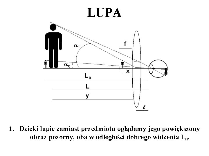 LUPA 1. Dzięki lupie zamiast przedmiotu oglądamy jego powiększony obraz pozorny, oba w odległości