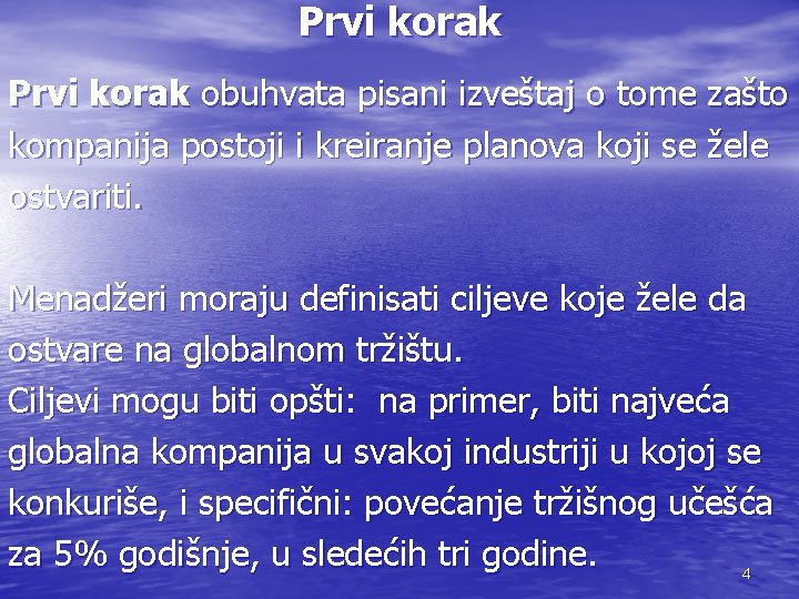 Prvi korak obuhvata pisani izveštaj o tome zašto kompanija postoji i kreiranje planova koji