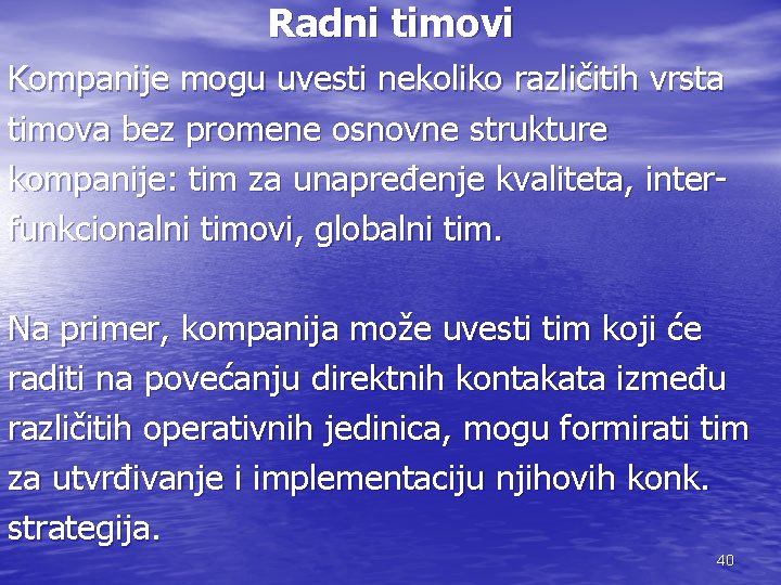 Radni timovi Kompanije mogu uvesti nekoliko različitih vrsta timova bez promene osnovne strukture kompanije: