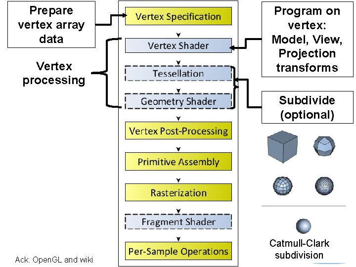 Prepare vertex array data Vertex processing Program on vertex: Model, View, Projection transforms Subdivide