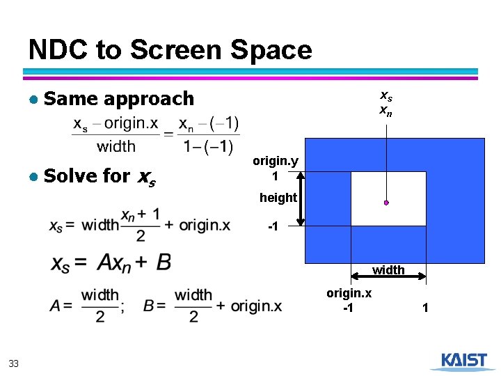 NDC to Screen Space ● Same approach ● Solve for xs xs xn origin.