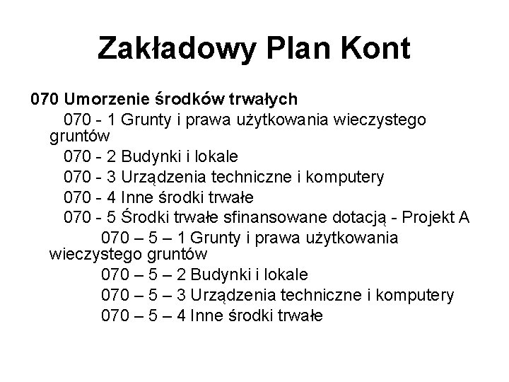 Zakładowy Plan Kont 070 Umorzenie środków trwałych 070 - 1 Grunty i prawa użytkowania