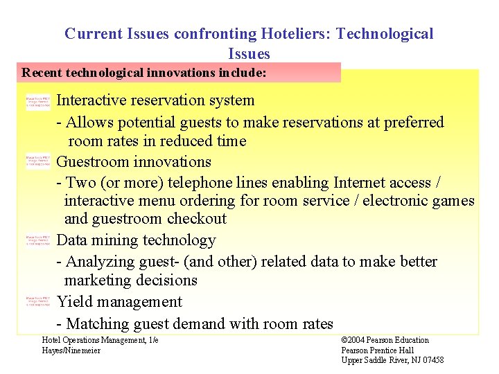 Current Issues confronting Hoteliers: Technological Issues Recent technological innovations include: Interactive reservation system -