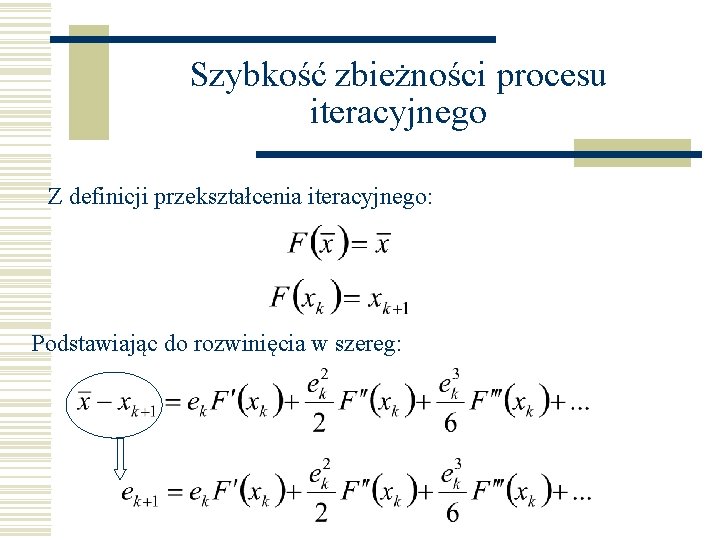 Szybkość zbieżności procesu iteracyjnego Z definicji przekształcenia iteracyjnego: Podstawiając do rozwinięcia w szereg: 