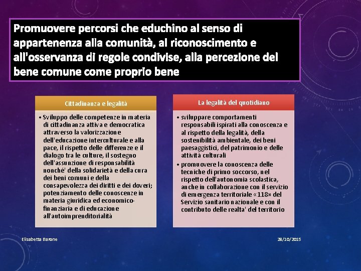 Promuovere percorsi che educhino al senso di appartenenza alla comunità, al riconoscimento e all'osservanza