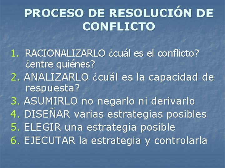 PROCESO DE RESOLUCIÓN DE CONFLICTO 1. RACIONALIZARLO ¿cuál es el conflicto? ¿entre quiénes? 2.