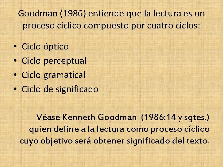 Goodman (1986) entiende que la lectura es un proceso cíclico compuesto por cuatro ciclos: