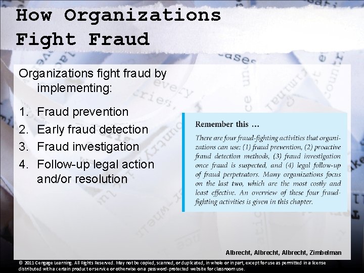 How Organizations Fight Fraud Organizations fight fraud by implementing: 1. 2. 3. 4. Fraud