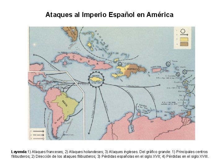 Ataques al Imperio Español en América Leyenda: 1) Ataques franceses; 2) Ataques holandeses; 3)