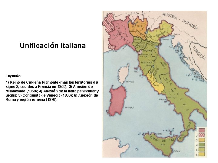 Unificación Italiana Leyenda: 1) Reino de Cerdeña-Piamonte (más los territorios del signo 2, cedidos