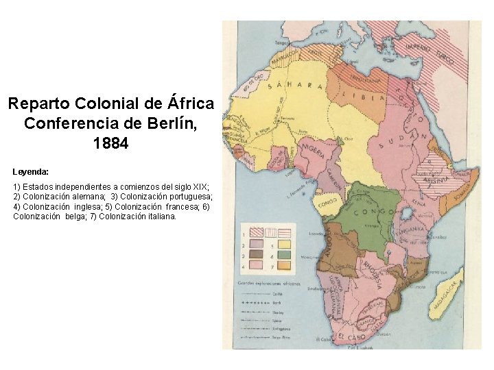 Reparto Colonial de África Conferencia de Berlín, 1884 Leyenda: 1) Estados independientes a comienzos