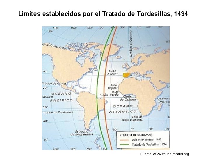 Límites establecidos por el Tratado de Tordesillas, 1494 Fuente: www. educa. madrid. org 