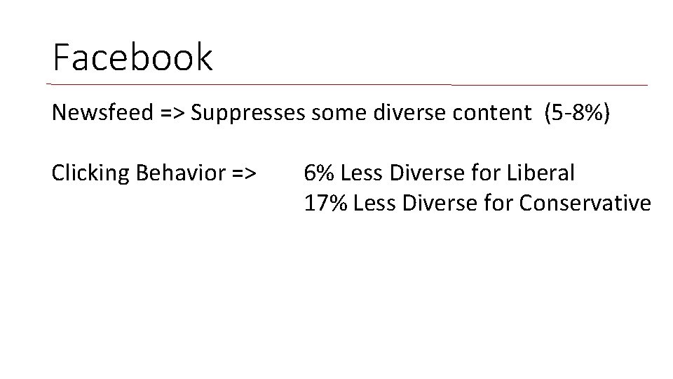 Facebook Newsfeed => Suppresses some diverse content (5 -8%) Clicking Behavior => 6% Less