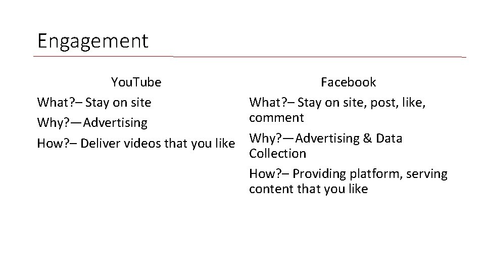 Engagement You. Tube Facebook What? – Stay on site, post, like, comment Why? —Advertising