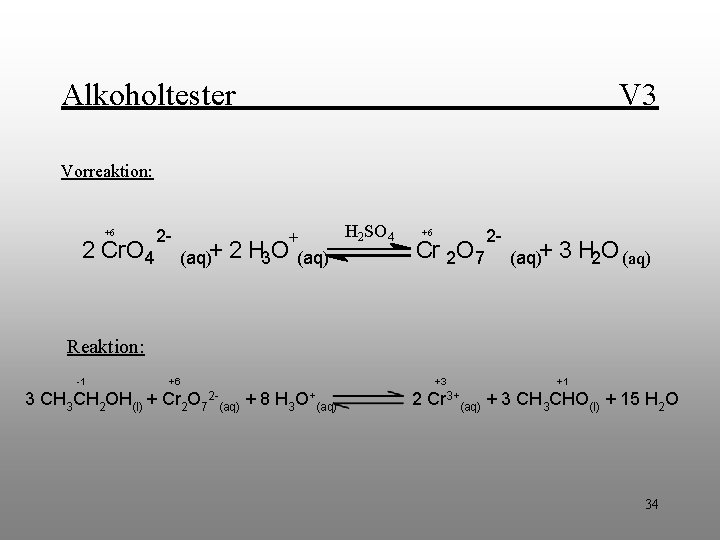 Alkoholtester V 3 Vorreaktion: +6 2 Cr. O 4 2 - (aq)+ 2 H Alkoholtester V 3 Vorreaktion: +6 2 Cr. O 4 2 - (aq)+ 2 H