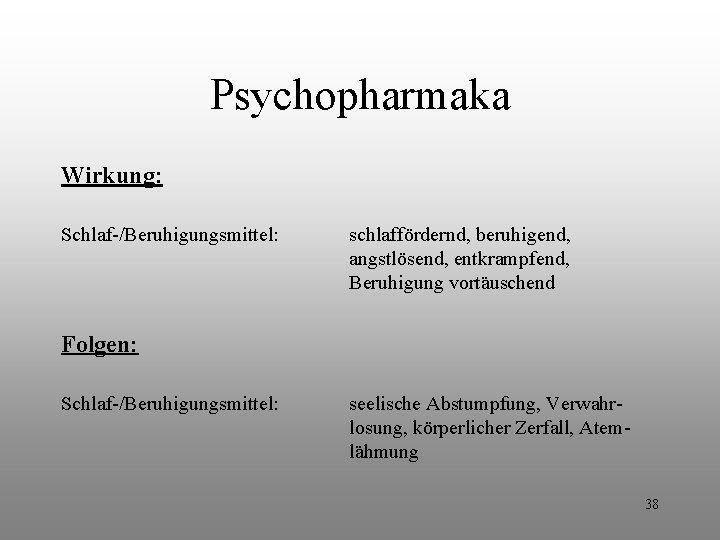 Psychopharmaka Wirkung: Schlaf-/Beruhigungsmittel: schlaffördernd, beruhigend, angstlösend, entkrampfend, Beruhigung vortäuschend Folgen: Schlaf-/Beruhigungsmittel: seelische Abstumpfung, Verwahrlosung, Psychopharmaka Wirkung: Schlaf-/Beruhigungsmittel: schlaffördernd, beruhigend, angstlösend, entkrampfend, Beruhigung vortäuschend Folgen: Schlaf-/Beruhigungsmittel: seelische Abstumpfung, Verwahrlosung,