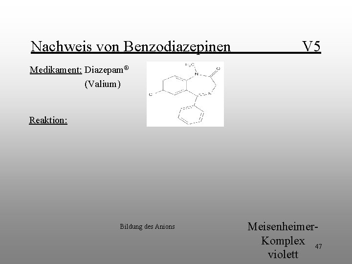 Nachweis von Benzodiazepinen V 5 Medikament: Diazepam® (Valium) Reaktion: Bildung des Anions Meisenheimer. Komplex Nachweis von Benzodiazepinen V 5 Medikament: Diazepam® (Valium) Reaktion: Bildung des Anions Meisenheimer. Komplex