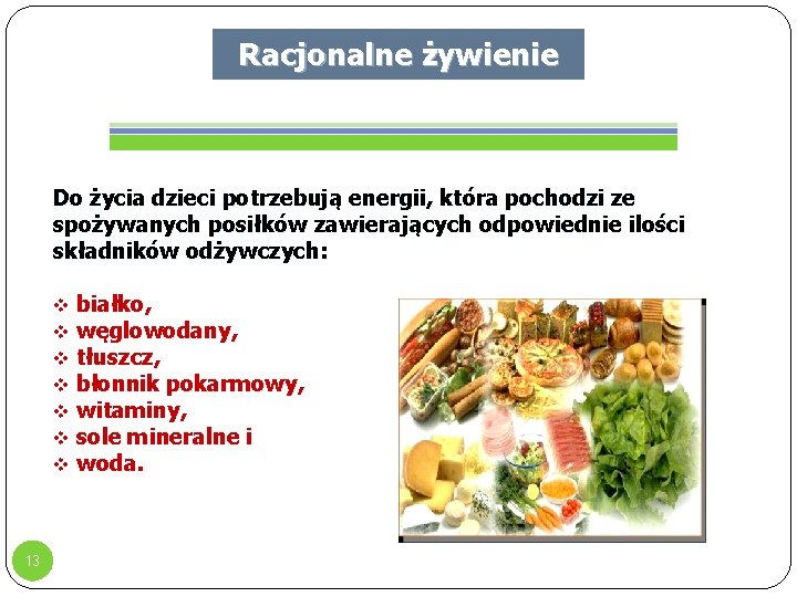 Racjonalne żywienie Do życia dzieci potrzebują energii, która pochodzi ze spożywanych posiłków zawierających odpowiednie