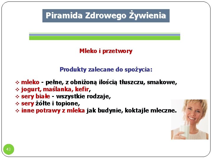 Piramida Zdrowego Żywienia Mleko i przetwory Produkty zalecane do spożycia: v mleko - pełne,