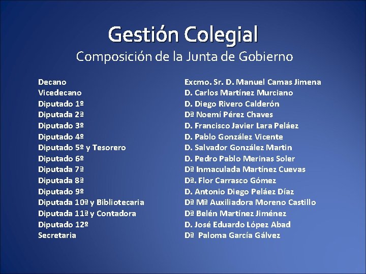 Gestión Colegial Composición de la Junta de Gobierno Decano Vicedecano Diputado 1º Diputada 2ª