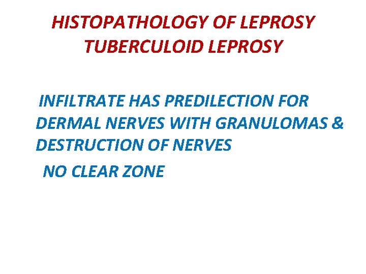 HISTOPATHOLOGY OF LEPROSY TUBERCULOID LEPROSY INFILTRATE HAS PREDILECTION FOR DERMAL NERVES WITH GRANULOMAS &