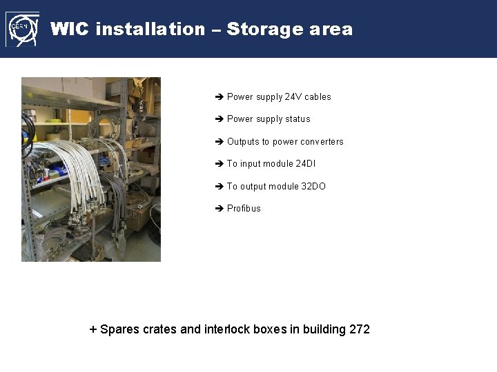 WIC installation – Storage area Power supply 24 V cables Power supply status Outputs