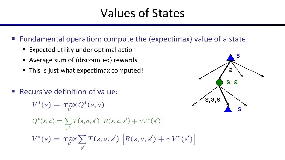 Values of States § Fundamental operation: compute the (expectimax) value of a state §