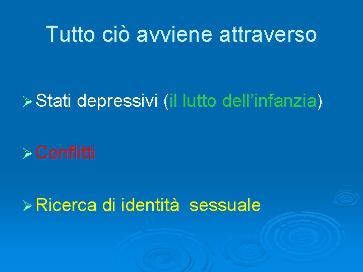 Tutto ciò avviene attraverso Ø Stati depressivi (il lutto dell’infanzia) Ø Conflitti Ø Ricerca Tutto ciò avviene attraverso Ø Stati depressivi (il lutto dell’infanzia) Ø Conflitti Ø Ricerca